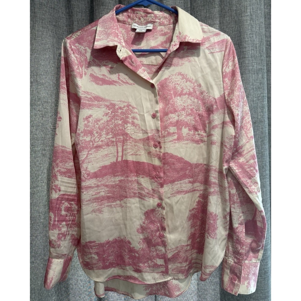 Cupcakes and Cashmere Tree Print Women's Button Down Blouse Collar Silky Sz Med